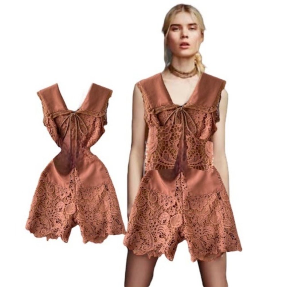 Jumpsuit romper dress short brown tan ruffles crochet
